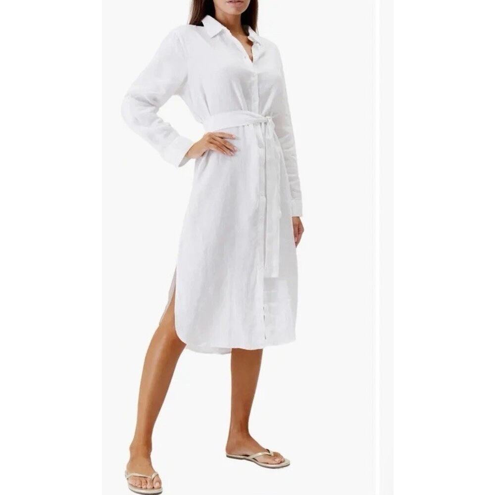 Melissa Odabash Dania Long Sleeve Linen Swim Cover-Up Shirtdress White Sz L $269